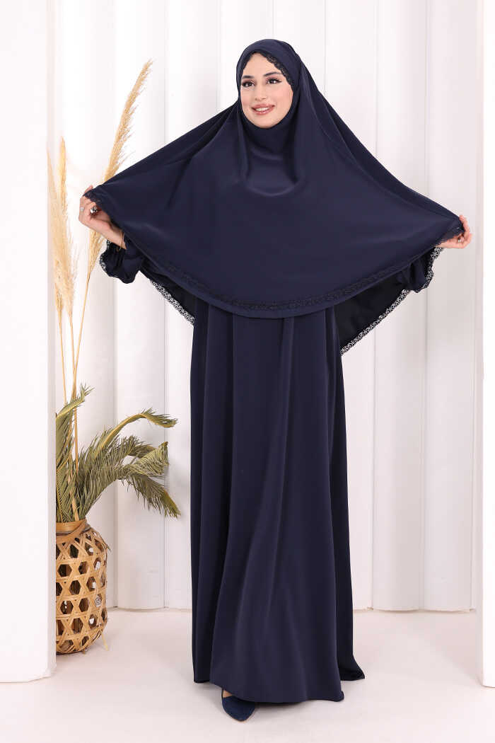 Lace-Detailed Ruffle Prayer Dress 6061 Navy