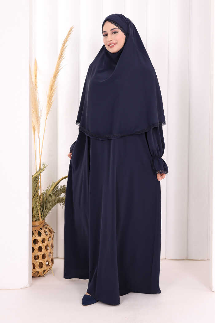 Lace-Detailed Ruffle Prayer Dress 6061 Navy