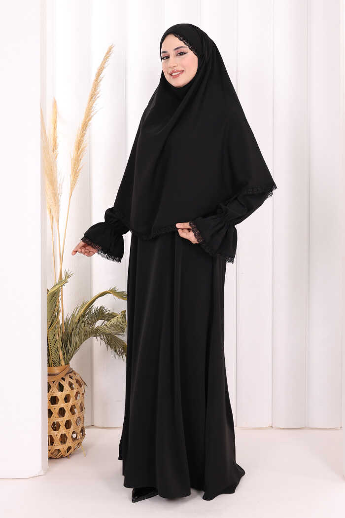 Lace-Detailed Ruffle Prayer Dress 6061 Black