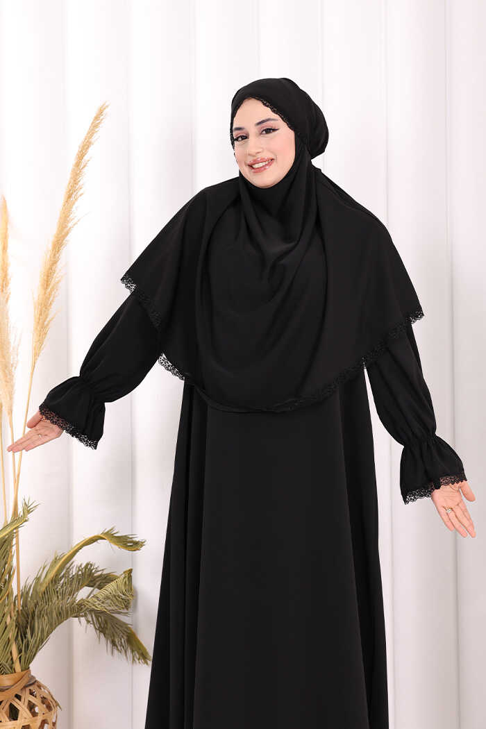 Lace-Detailed Ruffle Prayer Dress 6061 Black