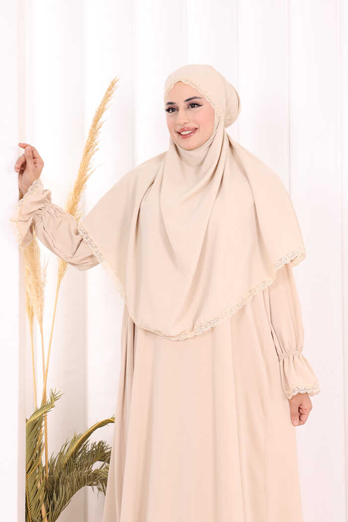 Lace-Detailed Ruffle Prayer Dress 6061 Stone