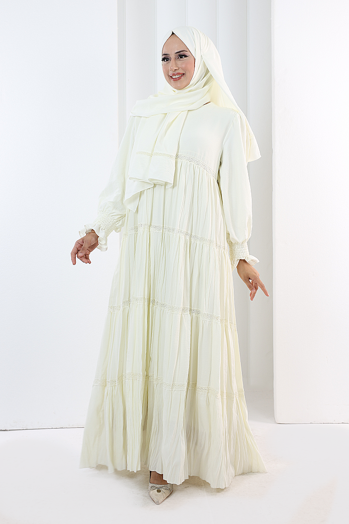 Lace-Detailed Modest Dress 6087 Ecru