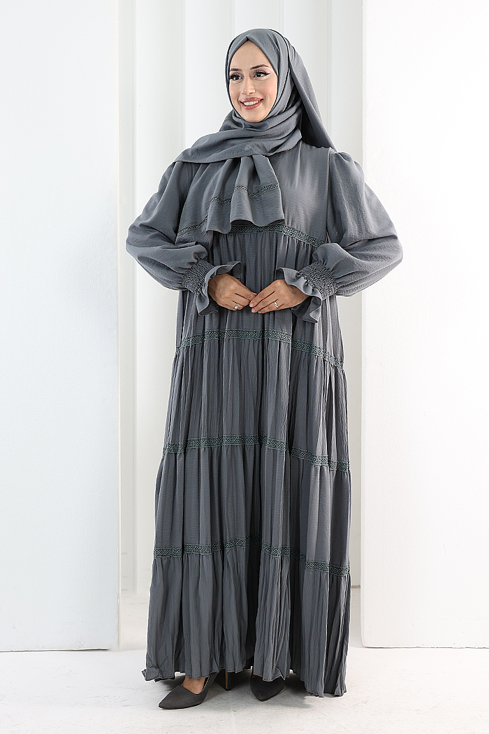 Lace-Detailed Modest Dress 6087 Dark Gray