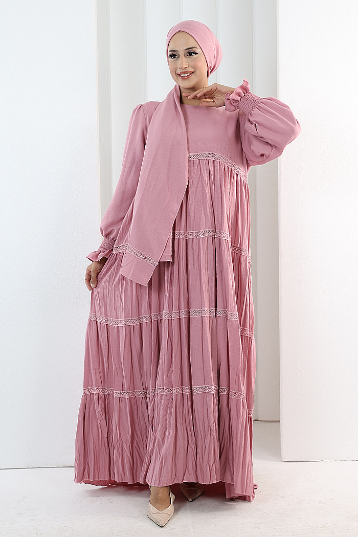 Lace-Detailed Modest Dress 6087 Pink