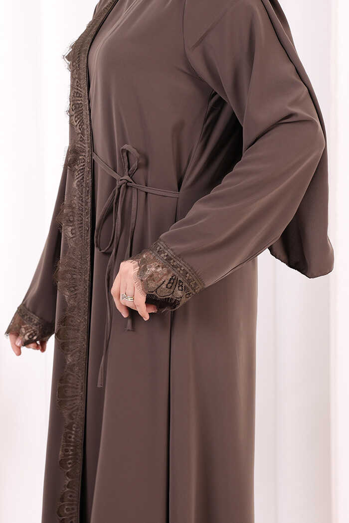 Lace-Detailed Abaya with Matching Hijab 7069 Brown