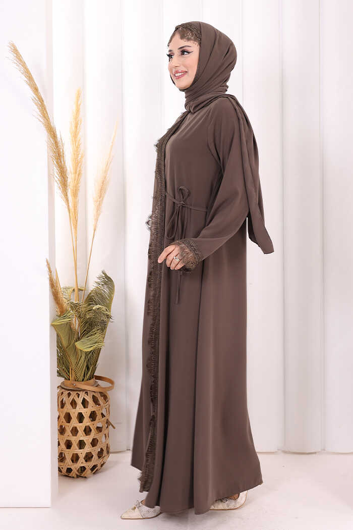 Lace-Detailed Abaya with Matching Hijab 7069 Brown