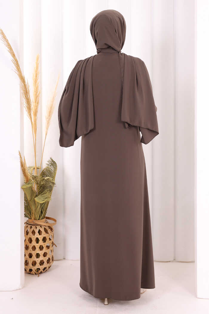Lace-Detailed Abaya with Matching Hijab 7069 Brown