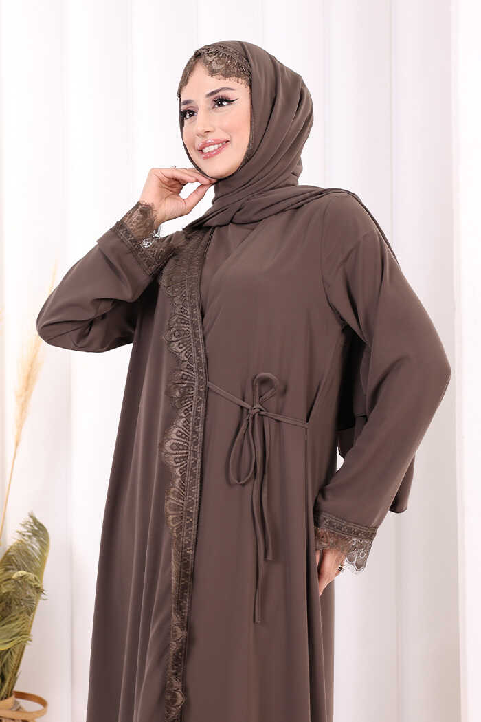 Lace-Detailed Abaya with Matching Hijab 7069 Brown