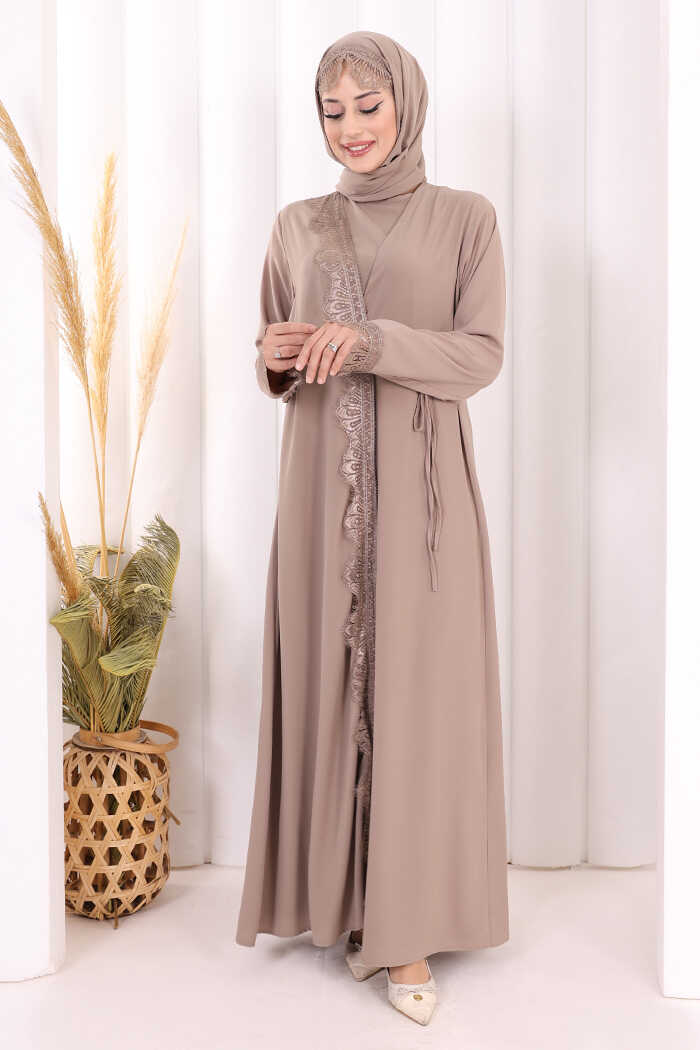 Lace-Detailed Abaya with Matching Hijab 7069 Mink