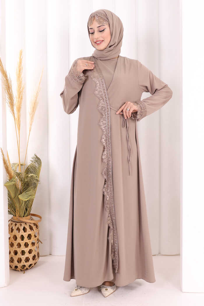 Lace-Detailed Abaya with Matching Hijab 7069 Mink