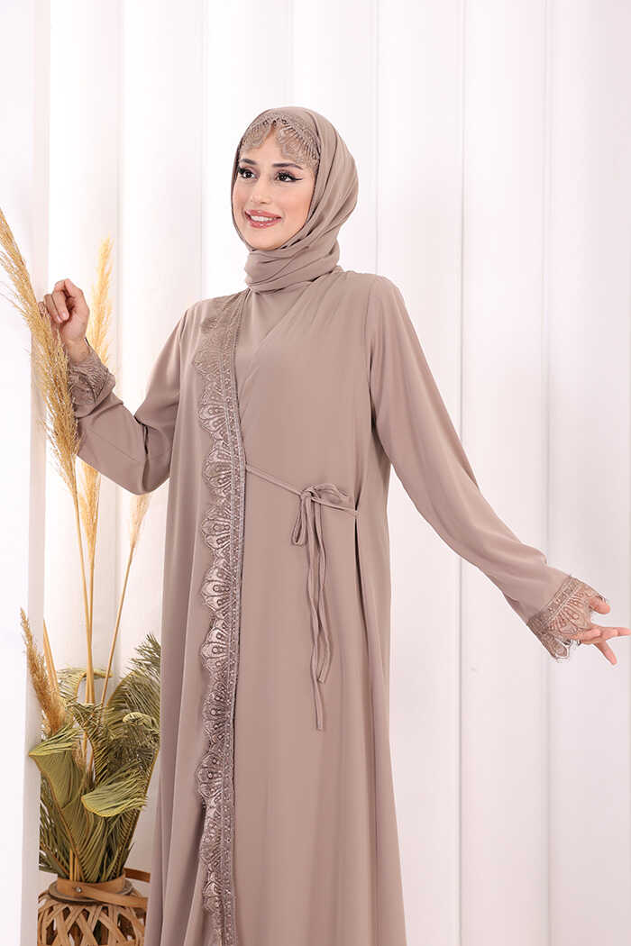 Lace-Detailed Abaya with Matching Hijab 7069 Mink