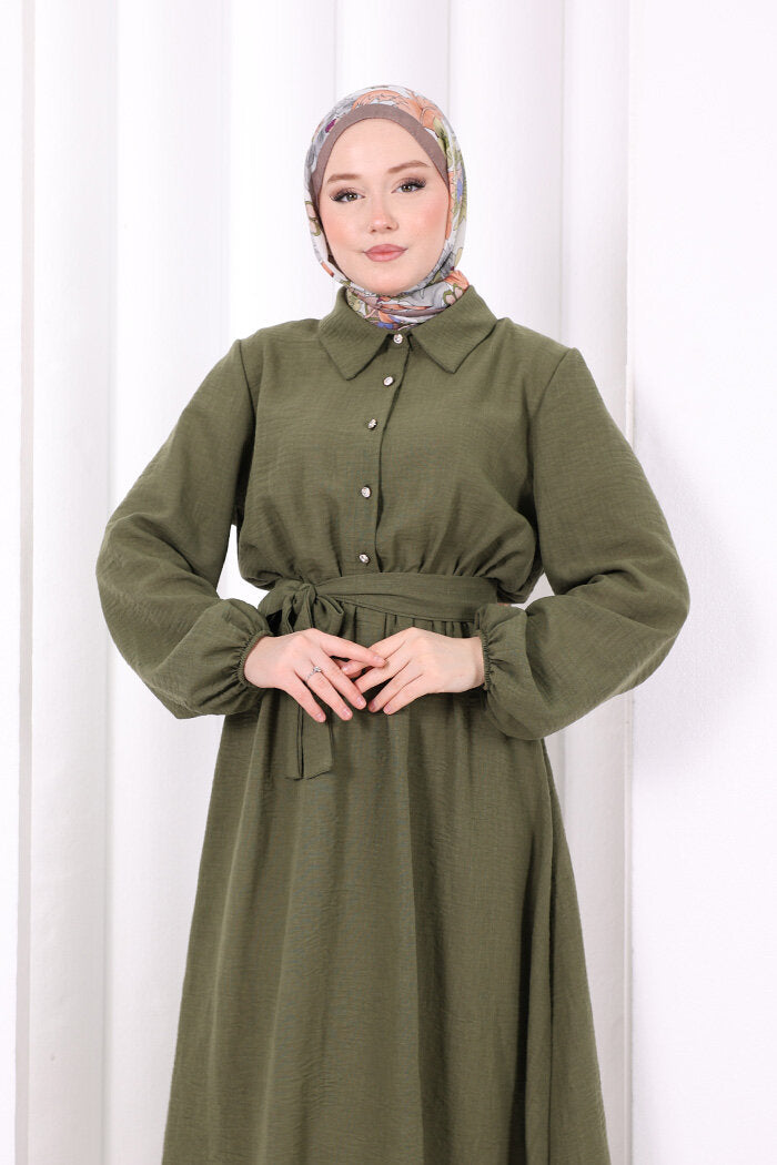 Button-Detailed Dress 6097 Khaki
