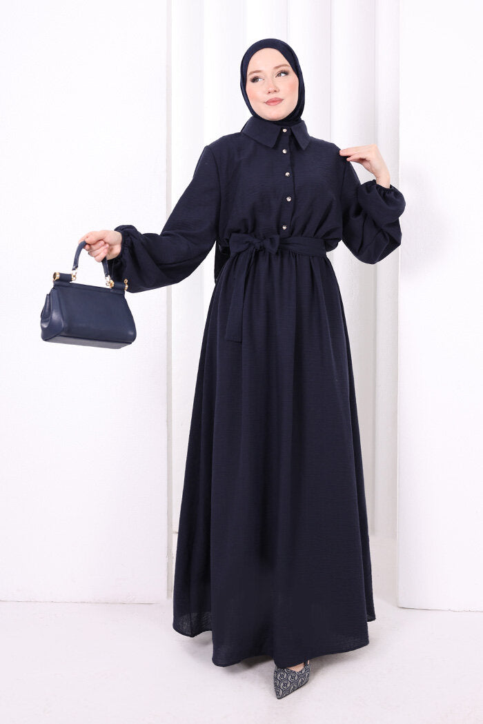 Button-Detailed Dress 6097 Navy