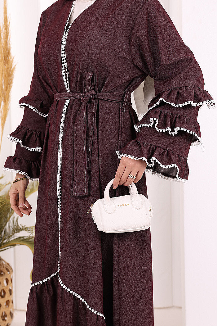 Ruffle-Detailed Abaya 6078 Burgundy