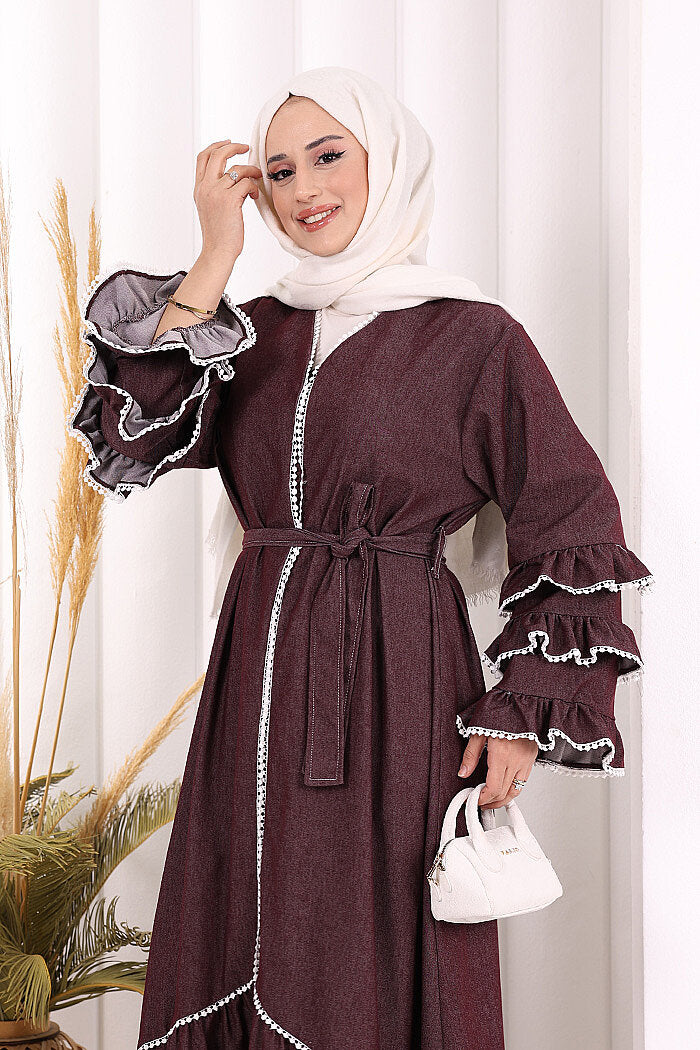 Ruffle-Detailed Abaya 6078 Burgundy