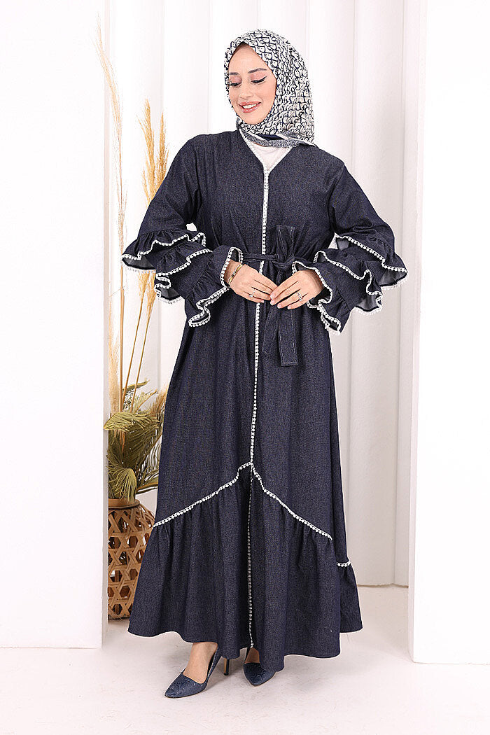 Ruffle-Detailed Abaya 6078 Navy