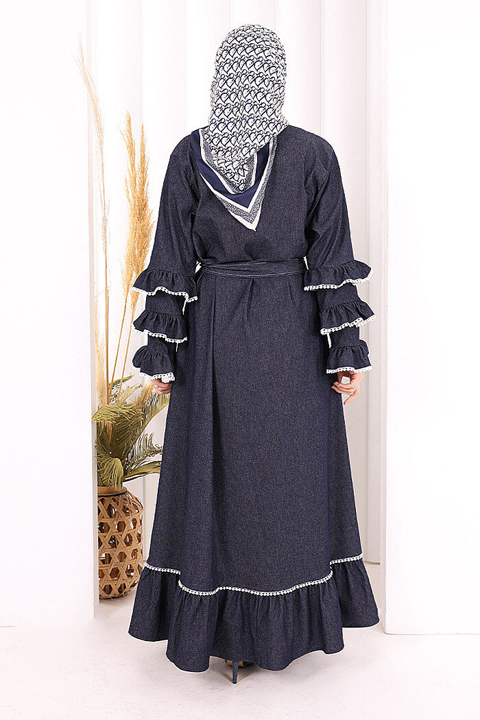 Ruffle-Detailed Abaya 6078 Navy
