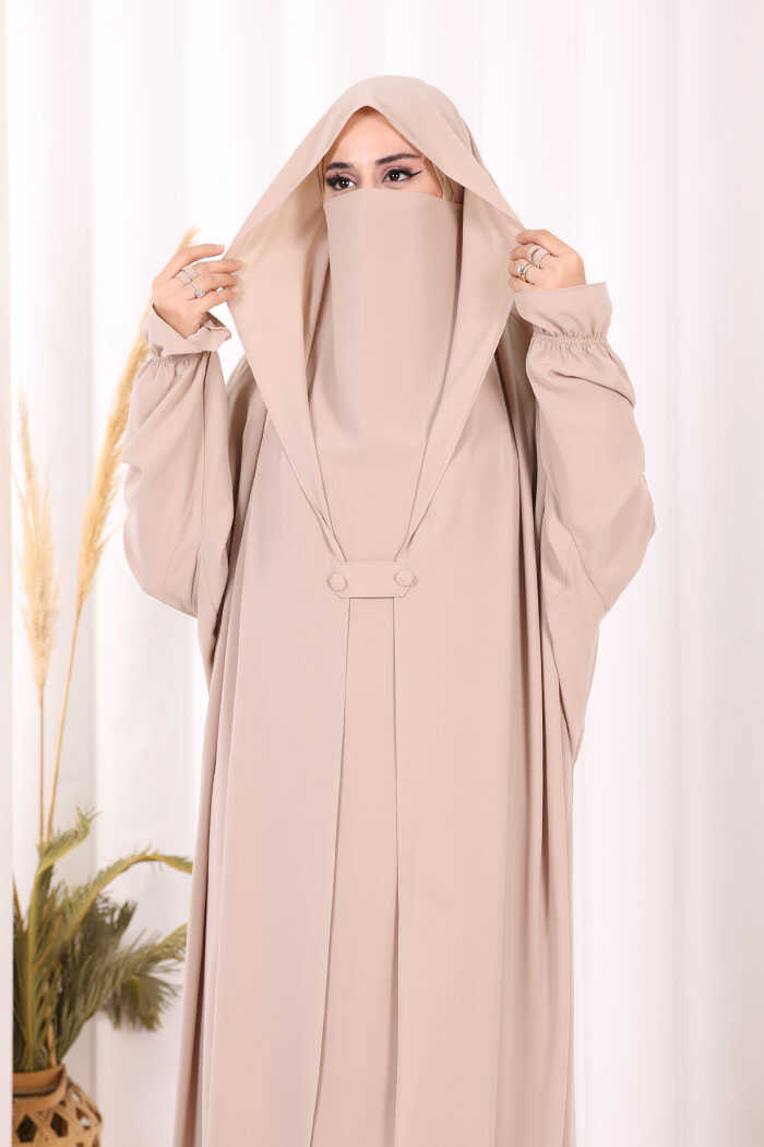 Medina-Fabric Built-In Niqab Ruffle Jilbab 6032 Stone