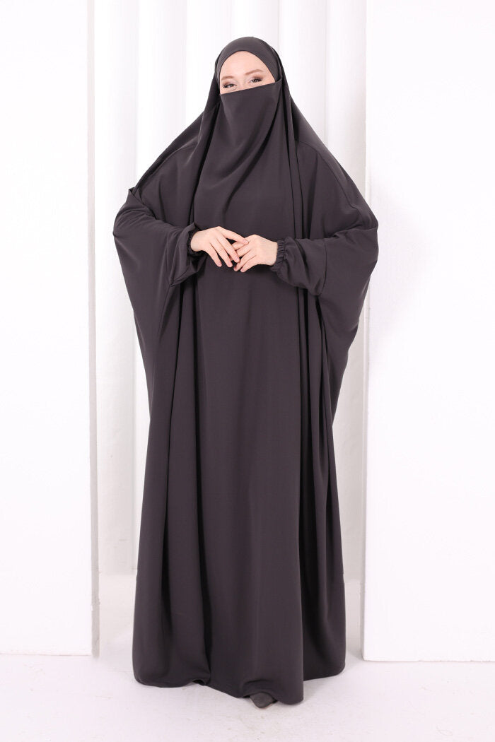 Built-In Niqab Ruffle Jilbab 6096 Smoke