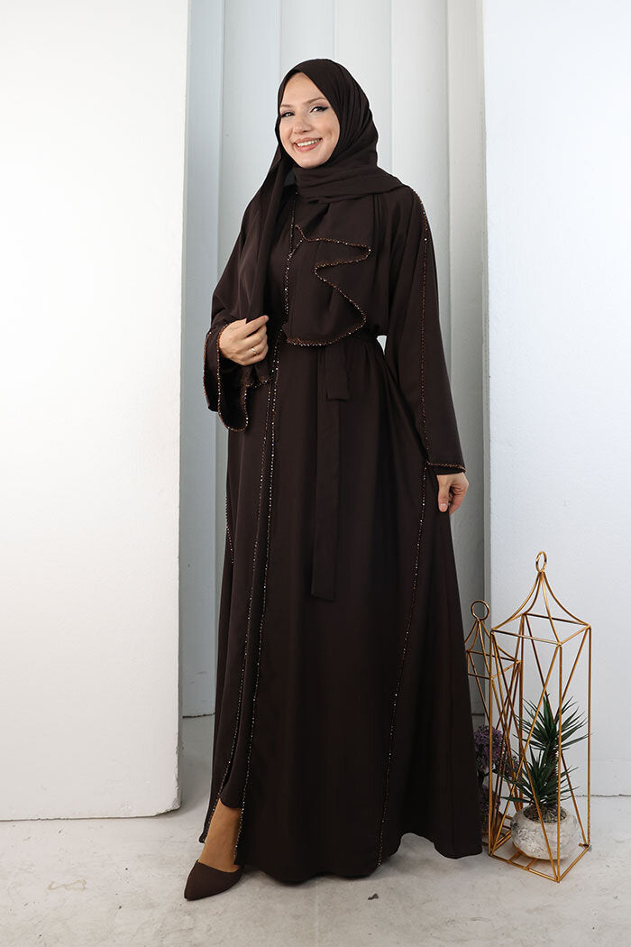 Crystal-Embellished Abaya with Matching Hijab 9205 Brown