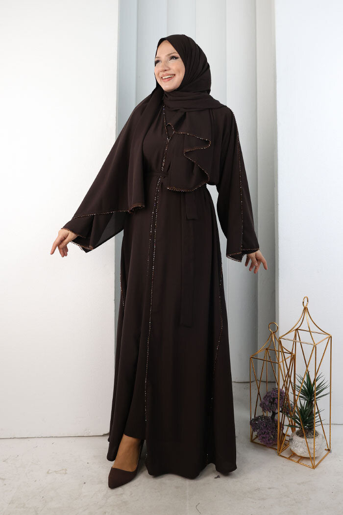 Crystal-Embellished Abaya with Matching Hijab 9205 Brown