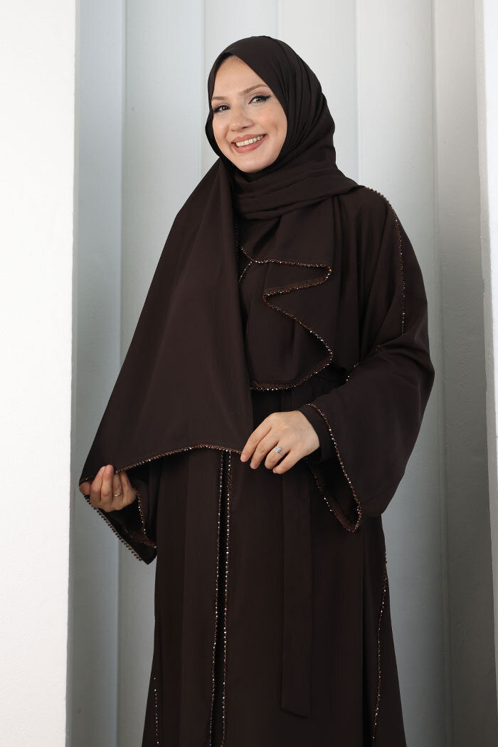 Crystal-Embellished Abaya with Matching Hijab 9205 Brown