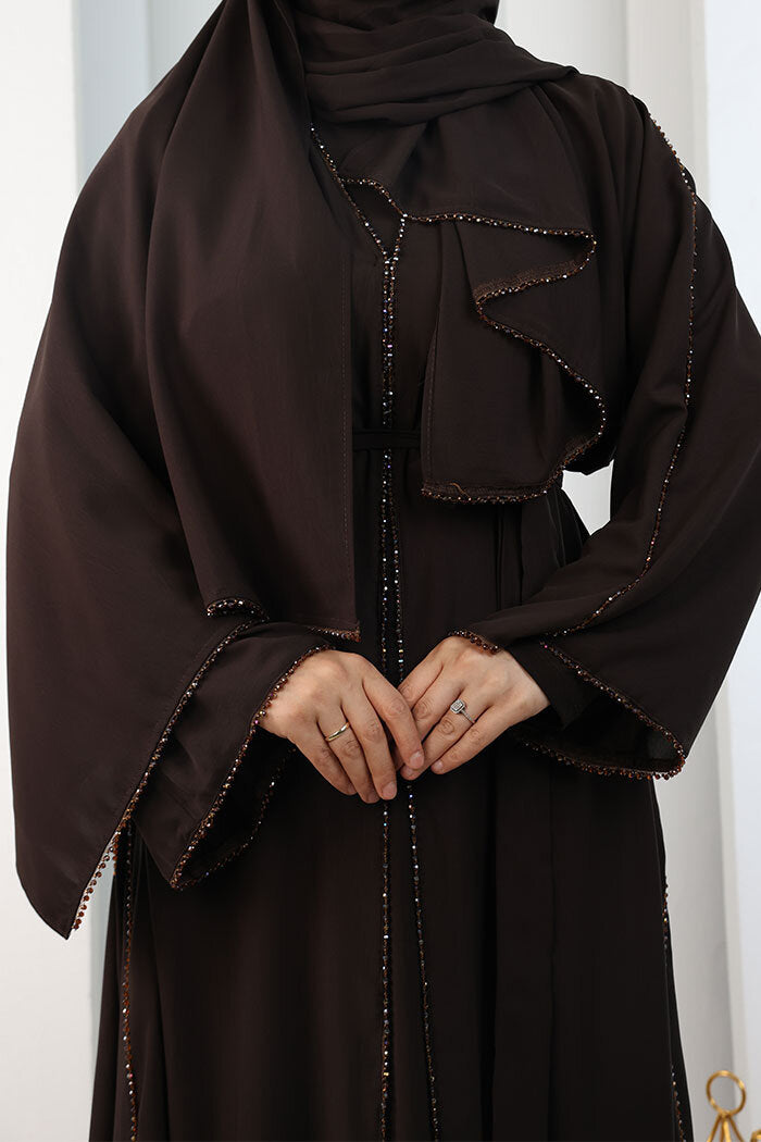 Crystal-Embellished Abaya with Matching Hijab 9205 Brown