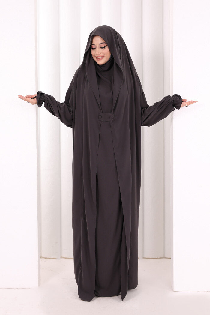 Medina-Fabric Built-In Niqab Ruffle Jilbab 6032 Charcoal