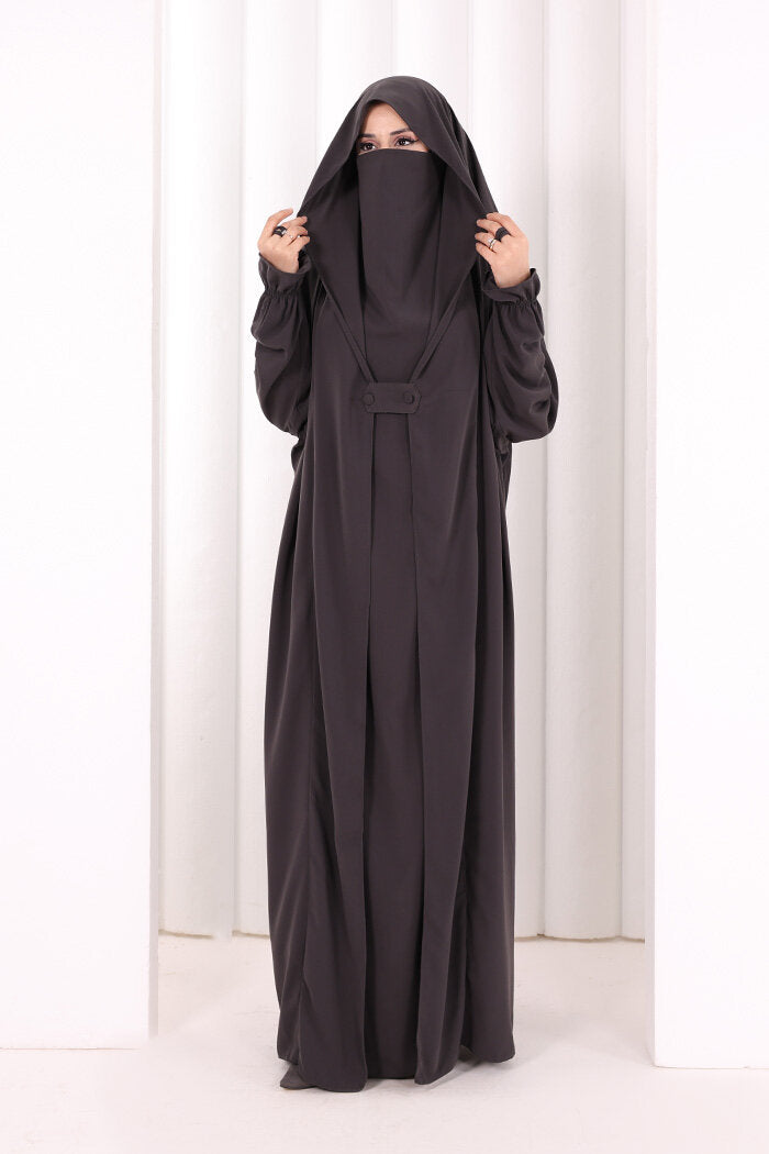 Medina-Fabric Built-In Niqab Ruffle Jilbab 6032 Charcoal