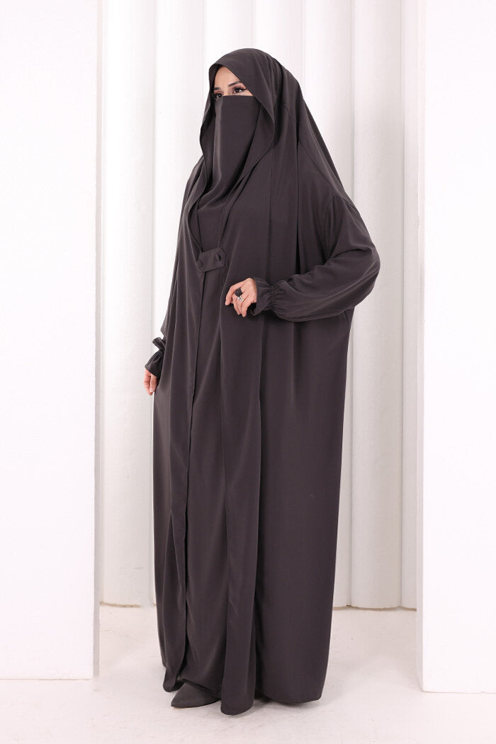 Medina-Fabric Built-In Niqab Ruffle Jilbab 6032 Charcoal