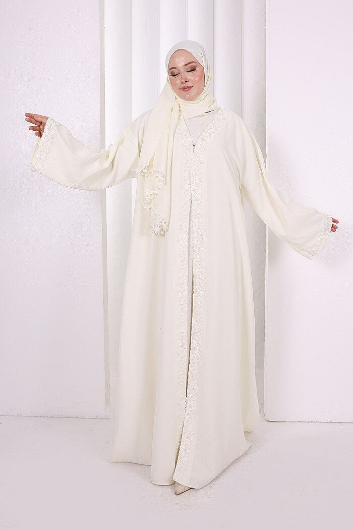 Three-Piece Lace Abaya Set 6089 Ecru