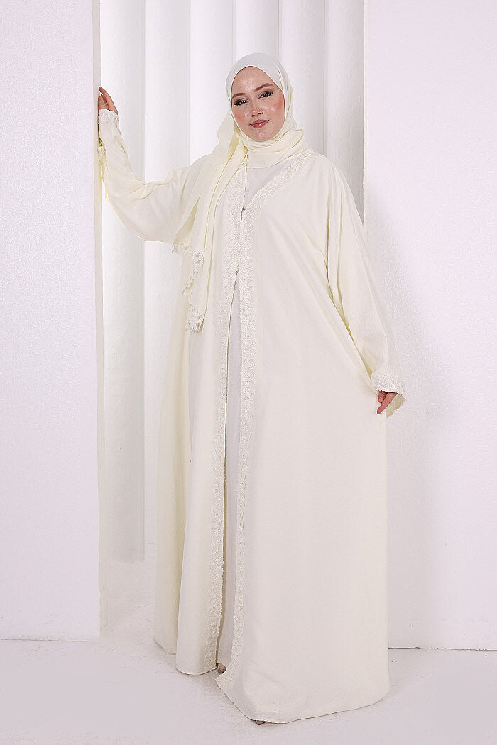 Three-Piece Lace Abaya Set 6089 Ecru