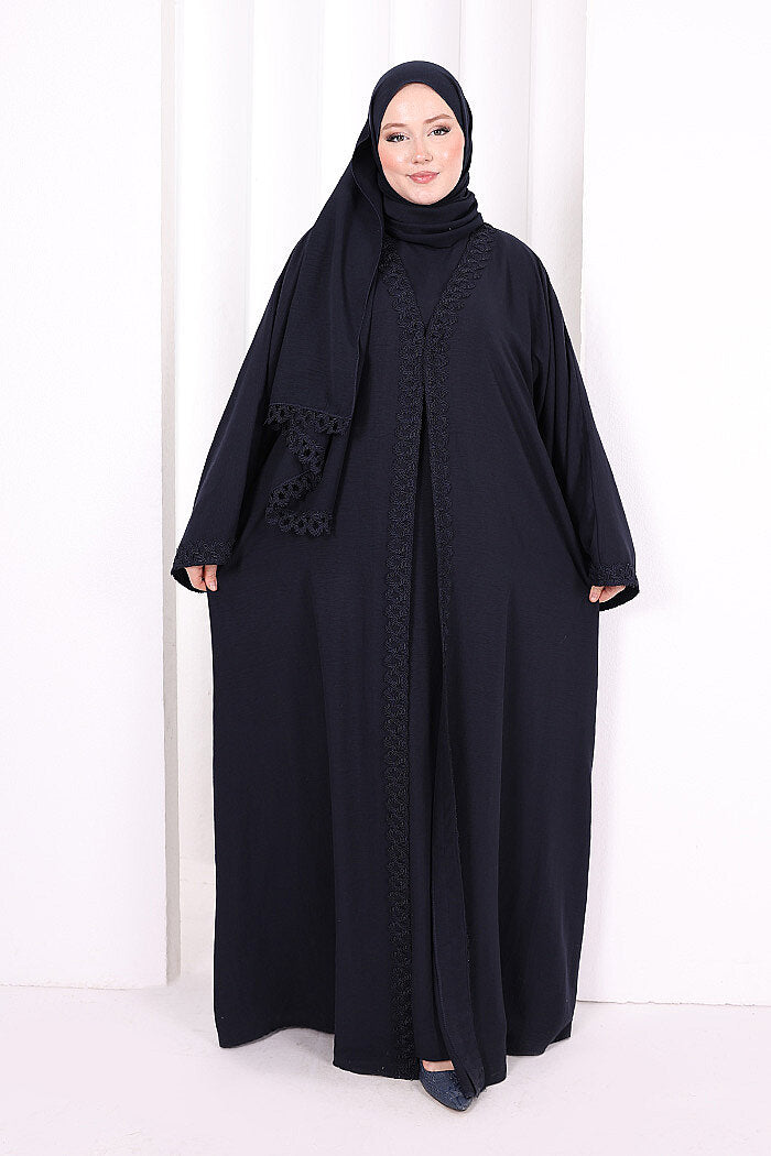 Three-Piece Lace Abaya Set 6089 Navy