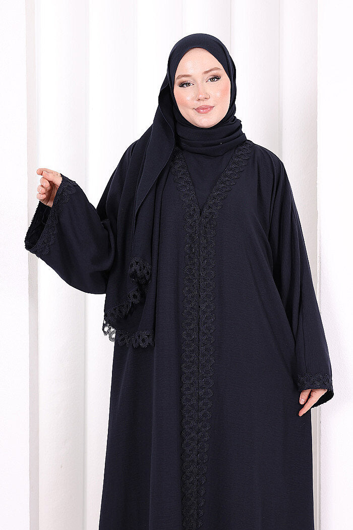 Three-Piece Lace Abaya Set 6089 Navy