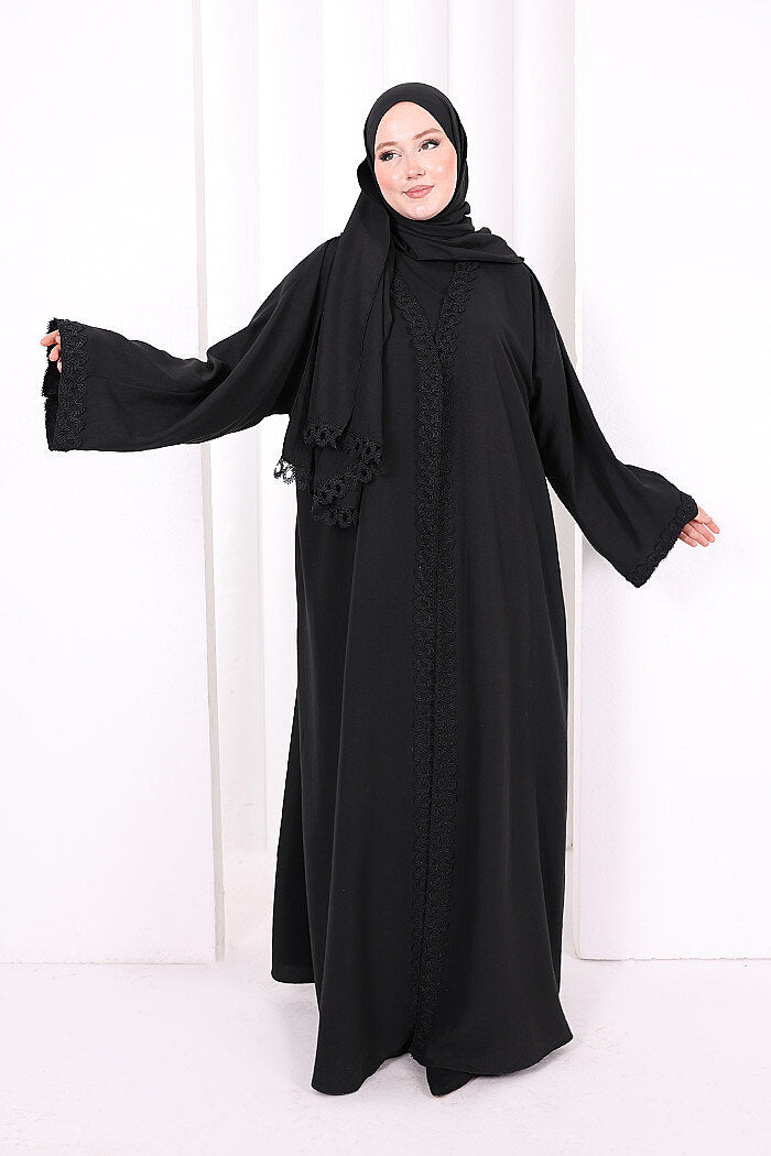 Three-Piece Lace Abaya Set 6089 Black