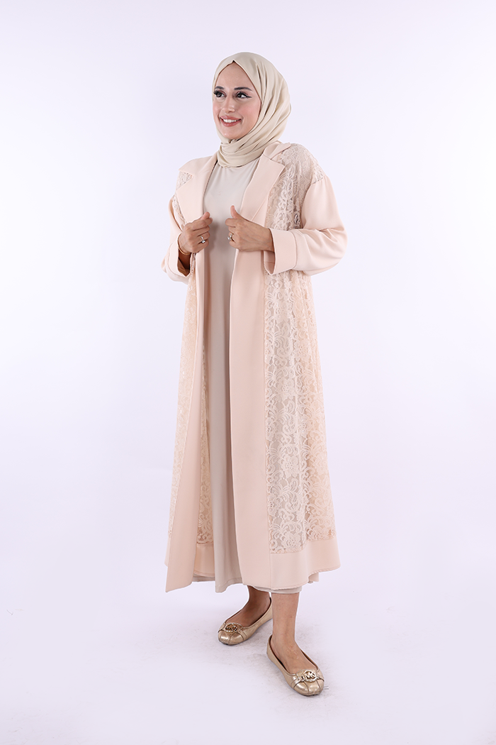 Lace Collar Detail Abaya 7830 Stone