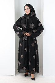 Embroidered Chiffon Abaya with Matching Hijab 2006 Black-Gold - view 2