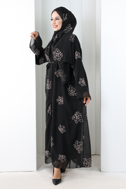 Embroidered Chiffon Abaya with Matching Hijab 2006 Black-Gold - view 3