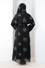 Embroidered Chiffon Abaya with Matching Hijab 2006 Black-Gold - view 4