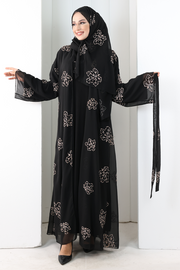 Embroidered Chiffon Abaya with Matching Hijab 2006 Black-Gold - view 5