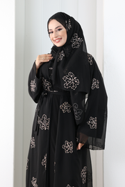 Embroidered Chiffon Abaya with Matching Hijab 2006 Black-Gold - view 6