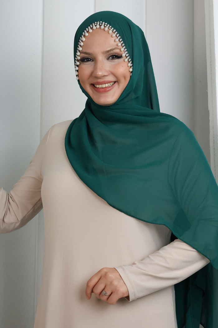 Pearl-Embellished Chiffon Hijab 2028 Emerald - view 1