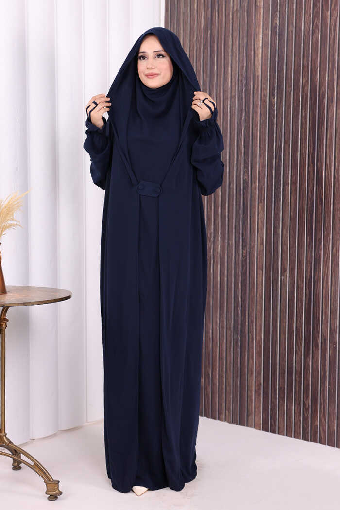 Medina-Fabric Built-In Niqab Ruffle Jilbab 6032 Navy
