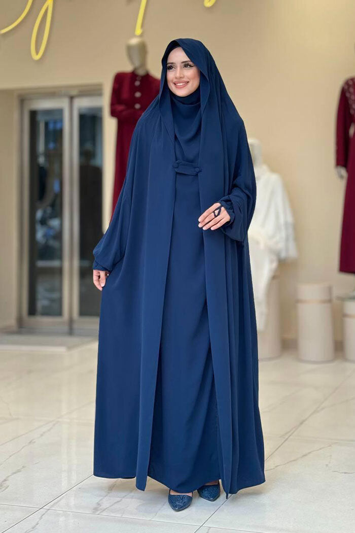 Medina-Fabric Built-In Niqab Ruffle Jilbab 6032 Navy