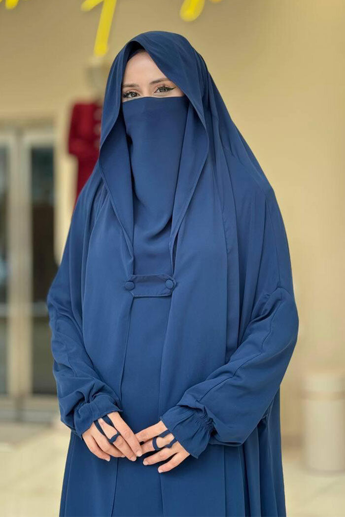Medina-Fabric Built-In Niqab Ruffle Jilbab 6032 Navy