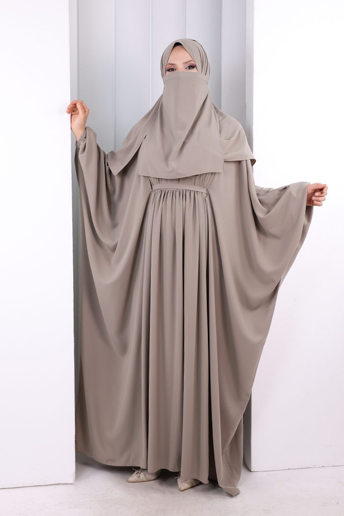 6038 Umrah Dress with Shawl and Niqab – Mink, front view