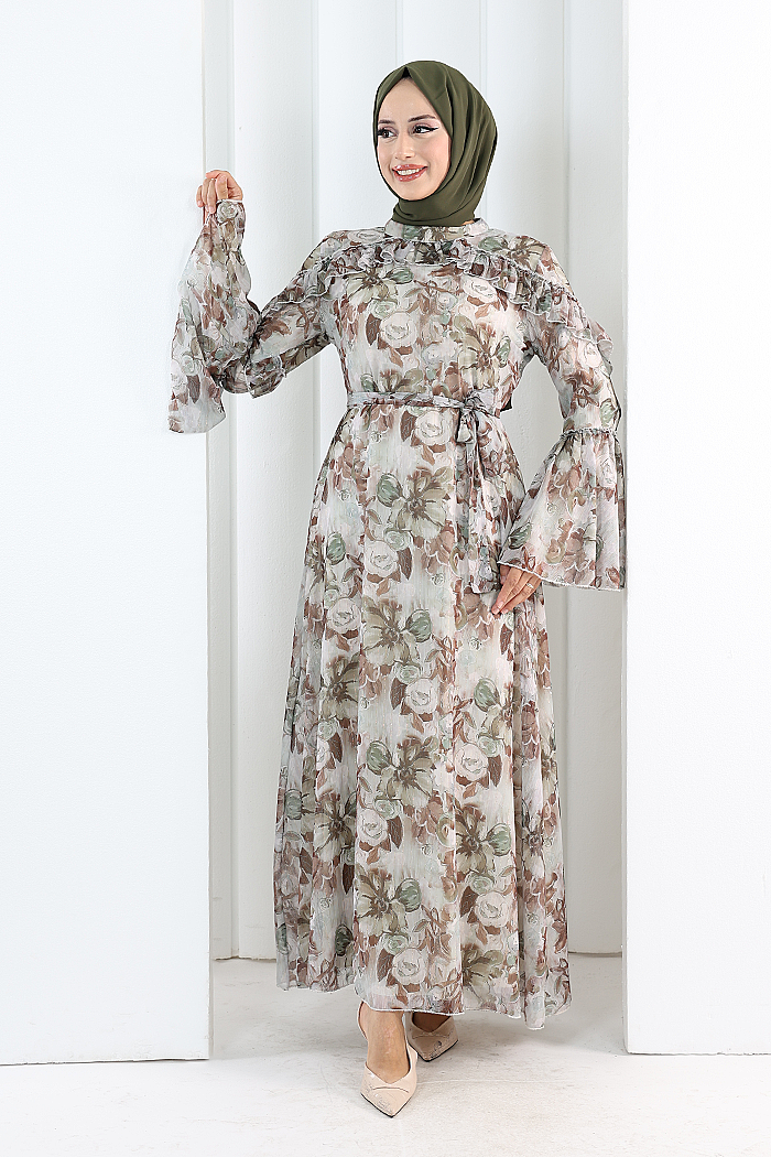 Floral-Print Modest Dress 7002 Khaki