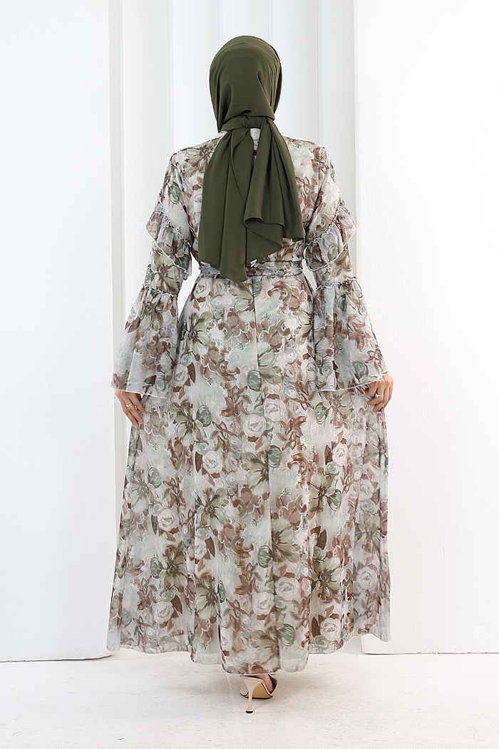 Floral-Print Modest Dress 7002 Khaki