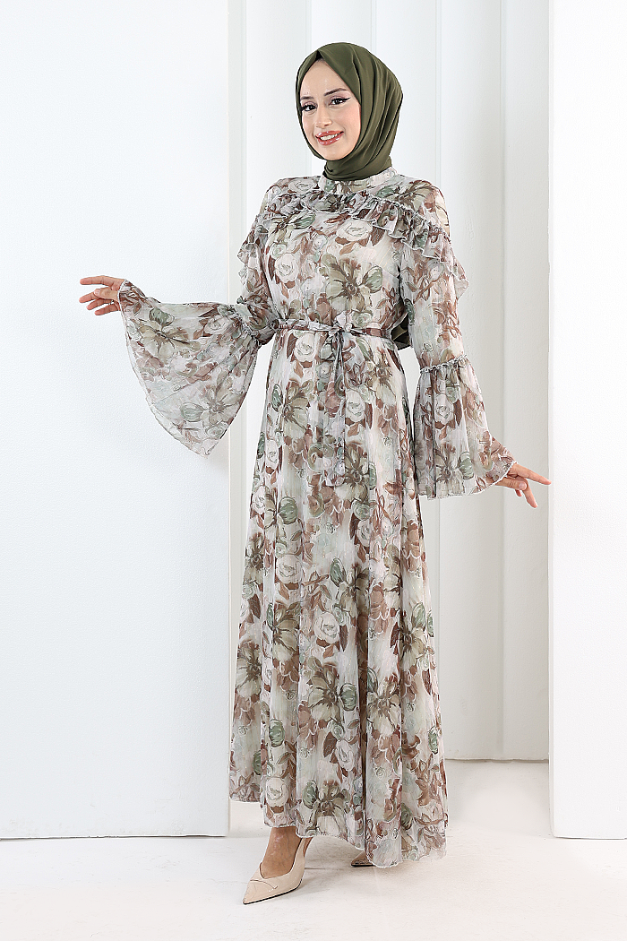 Floral-Print Modest Dress 7002 Khaki