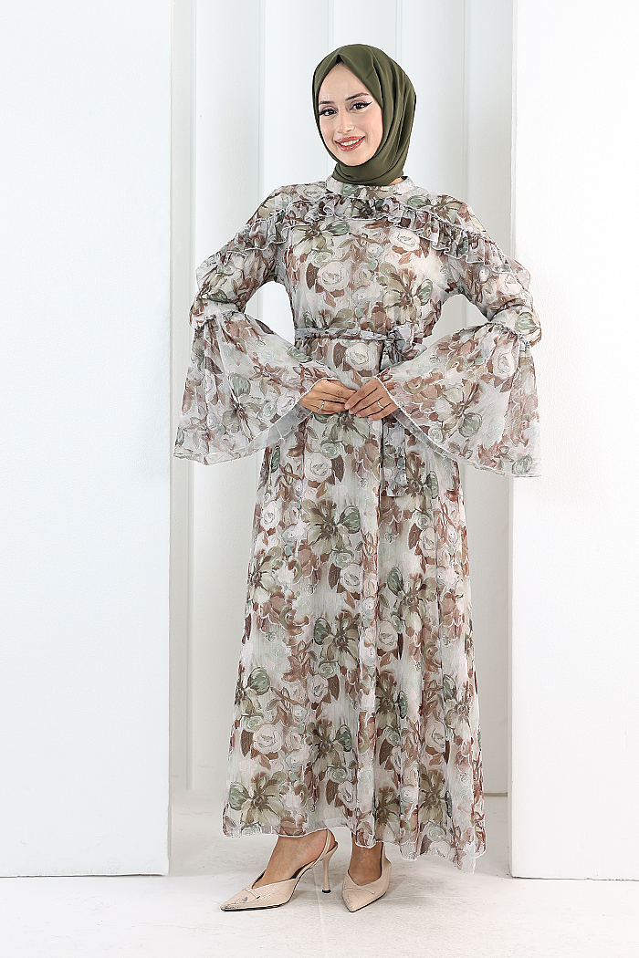 Floral-Print Modest Dress 7002 Khaki